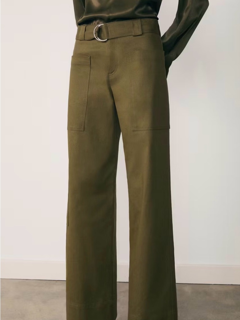 Mango Olive Green Wide-Leg Cargo Trousers with D-Ring Belt